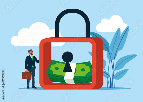 Locked with padlock inside banknotes dollar. Payment protection. Secure payment. Vector flat illustration
