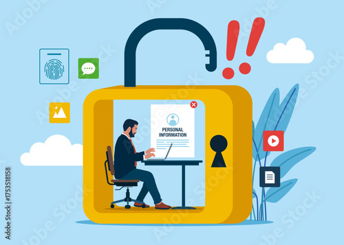 Software engineer in castle, working on online  Information Hacking. Computer with Blocked Account on Screen. Hacking and exploit results. Vector flat Illustration.