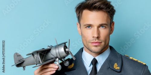 Pilot in Uniform Holding Model Airplane Against Pastel Background