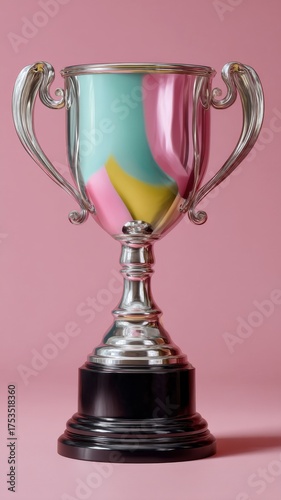 Shiny Metallic Trophy With Pastel Colors Reflecting On A Soft Pink Background Representing Achievement