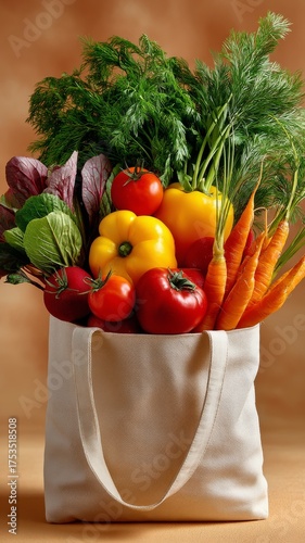 Vibrant Reusable Shopping Bag Filled with Fresh Vegetables Like Carrots and Bell Peppers on a Warm Background