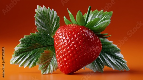 Vibrant Strawberry With Green Leaves Displayed Against Bright Orange Background