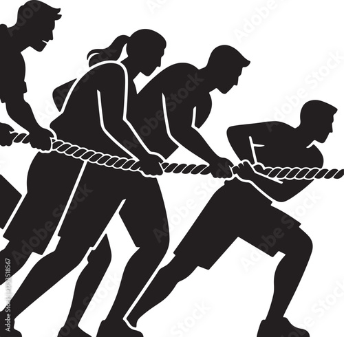 Team pulling rope in competition tug of war sport