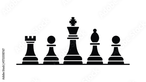 Silhouette of chess pieces including a king rook bishop and pawns on a white background