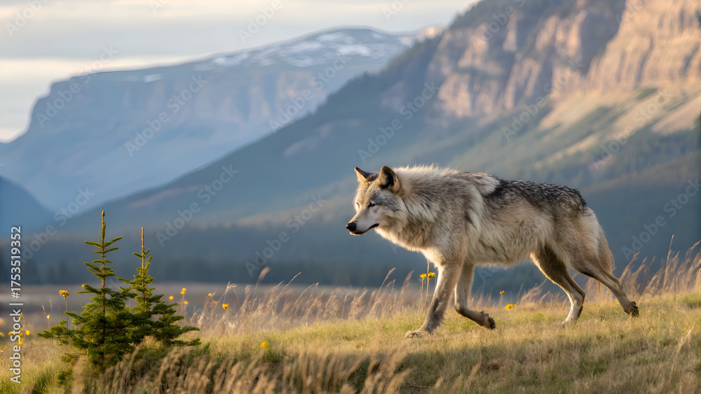 Fototapeta premium Gray wolf walks across a grassy hillside with mountains in the background