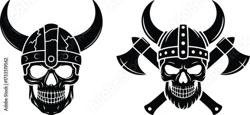Viking Skull Helmet Vector Illustration – Nordic Warrior Silhouette with Axes