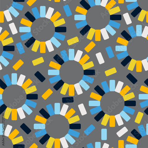 Decorative modern design, ornamental graphic pattern. Circles with rounded stickers rectangles. Gray background.