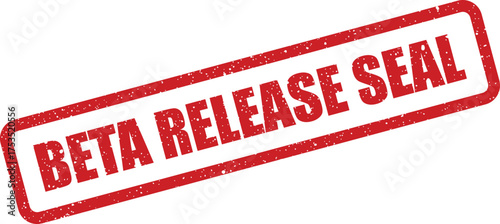 Red rectangular grunge stamp displaying beta release seal for official product phase endorsement
