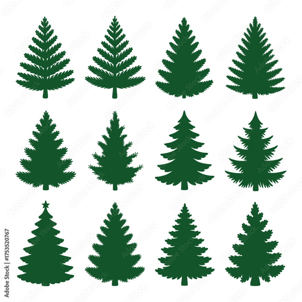Obraz premium Collection of twelve stylized green christmas tree silhouettes
