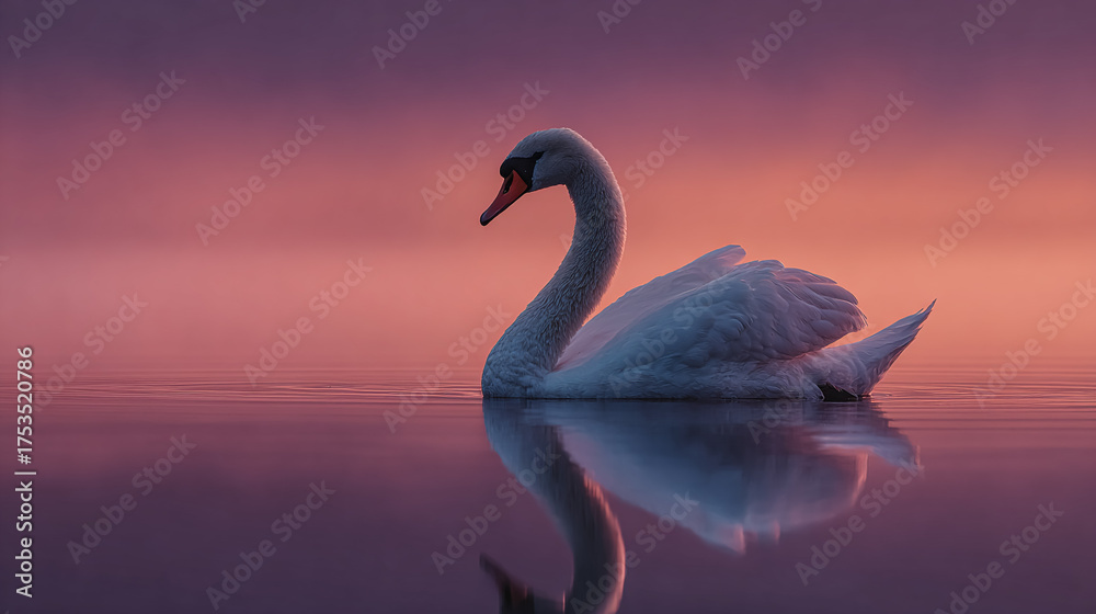 Fototapeta premium Swan gracefully floats on a calm lake during a pink sunset. Use for marketing, web design.