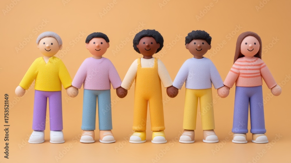 Obraz premium Diverse group of five colorful figurines holding hands in a friendly pose against a warm orange background, representing unity and inclusion among different backgrounds.