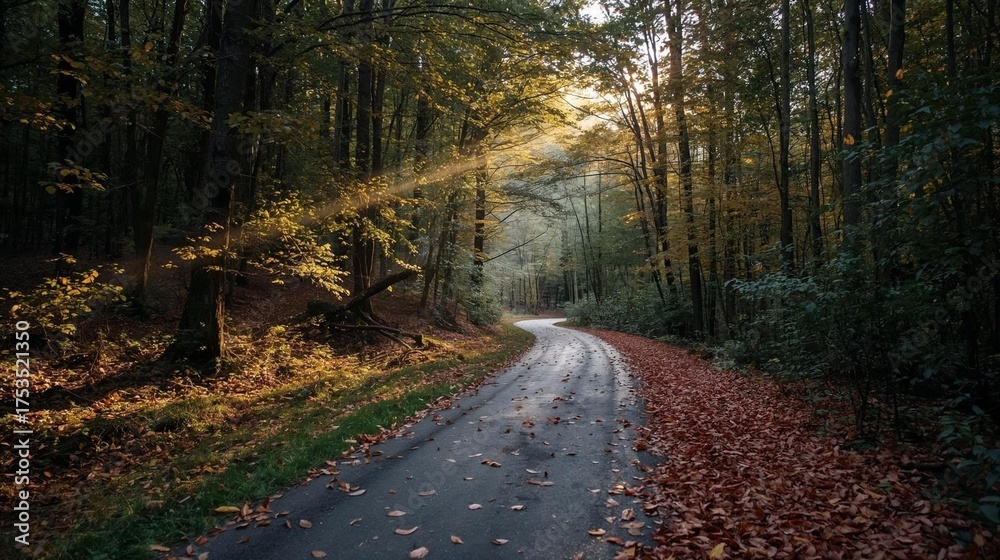 Fototapeta premium Peaceful jogging track surrounded by forest trees with gentle sunlight and dry winter leaves on the path. Perfect for fitness and outdoor lifestyle concepts promoting healthy living