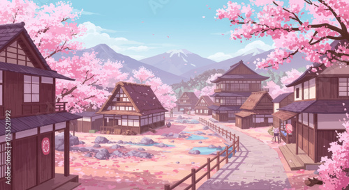 Beautiful Japanese Village Scene with Cherry Blossoms and Mountains