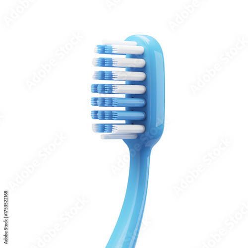 Close-up of a blue toothbrush head with white and blue bristles.