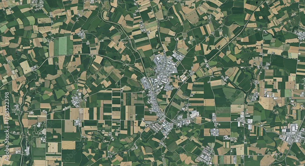 Fototapeta premium Aerial View of a City Surrounded by Diverse Agricultural Fields and Rural Landscapes