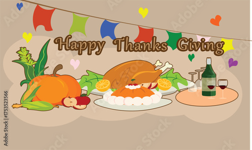 Flat vector illustration of a Thanksgiving dinner table with roasted turkey, various farm produce, wine, and festive decorations.