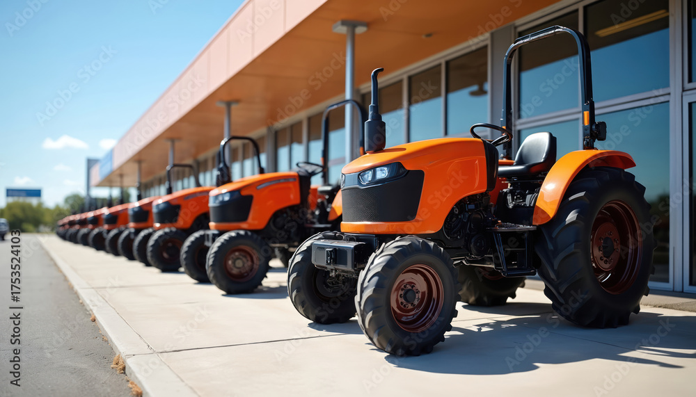 Obraz premium Row orange tractors parked near dealership building on sunny day. New agricultural machines stand ready for work. Modern farming tech available.
