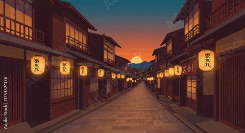 Serene Japanese Street Scene at Sunset with Traditional Lanterns Illuminated
