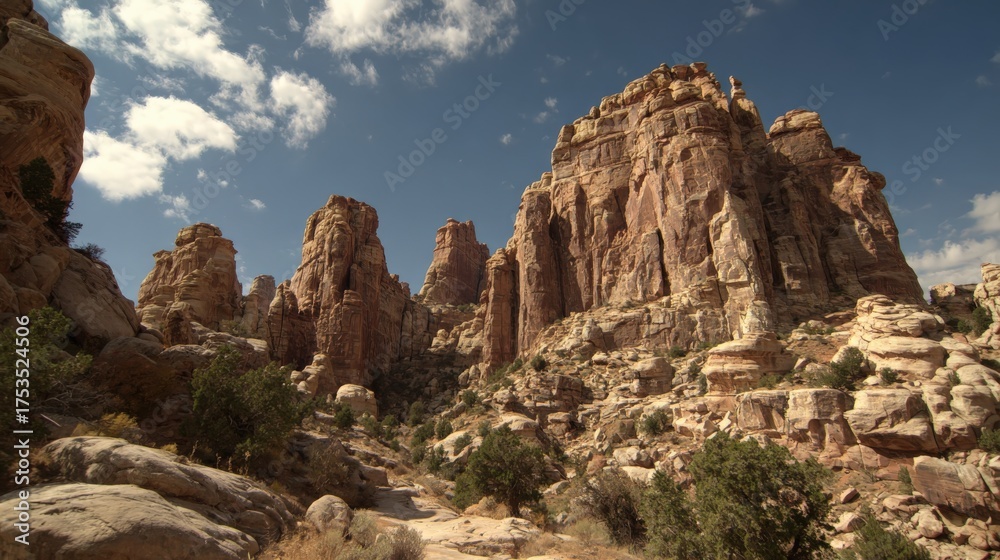 Fototapeta premium Majestic rocky landscape with towering cliffs under bright blue sky