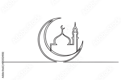 Mosque on moon line icon. one line Icon drawing with white background
