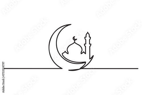Mosque on moon line icon. one line Icon drawing with white background