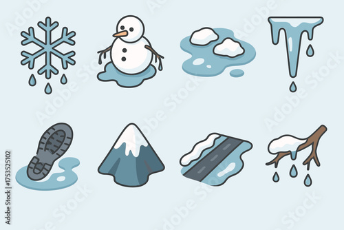 Melting Snow Icons. Melting Snow set icons in flat vector style snowflake dripping, half-melted snowman, puddle with snow chunks, icicle dripping, snowy boot print turning to water