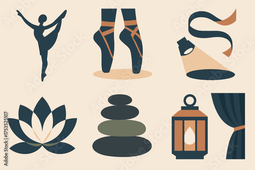 Geometric Ballet Icons. Grand Battement set of icons in geometric flat vector style ballet dancer in grand battement pose silhouette, ballet slippers, stage spotlight, flowing