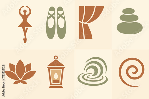 Sous Sus Ballet Icons. Poised Sous Sus set of icons in geometric flat vector style ballet figure in sous sus silhouette, slippers, curtain drape, smooth stone stack, lotus blossom