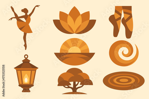 Ballet Icons. Ballet Developpe set of icons in geometric flat vector style ballet dancer silhouette, lotus blossom, sunrise glow, pointe shoes, flowing spiral, glowing lantern