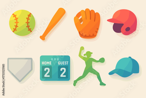 Softball Equipment Icons. Softball set of icons in gradient flat softball ball, bat, glove, helmet, base plate, scoreboard, pitcher silhouette, cap