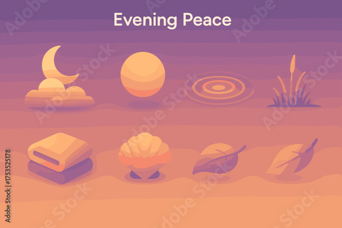 Twilight Icons Collection. Evening Peace set of icons in gradient flat twilight horizon, moon over clouds, glowing orb, soft ripple, silent meadow, folded quilt, calm seashell