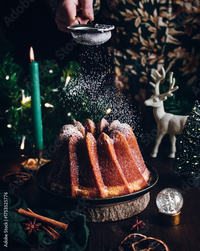 Festive bundt cake with powdered sugar dusting