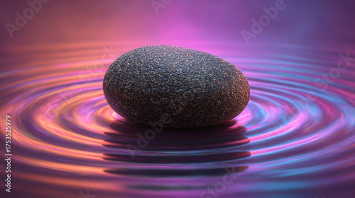 A small pebble hovers above reflective water, creating a neon ripple below. The hyperrealistic scene symbolizes balance, calm energy, and subtle disruption, blending nature, light, and futuristic sere