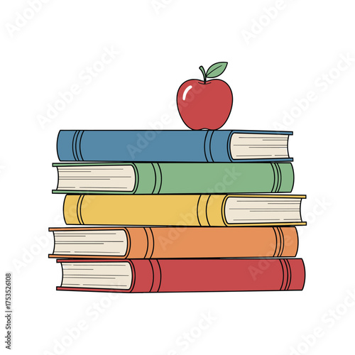 Stack Of Colorful Books With Red Apple On White Background vector illustration