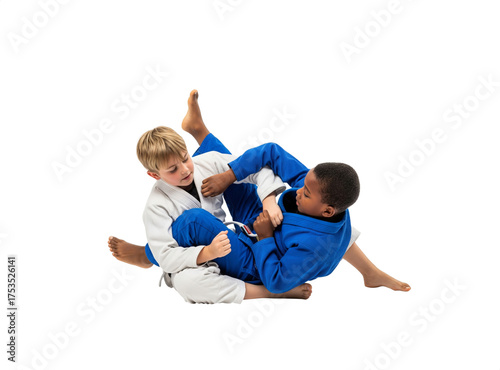 Kids sparring in Brazilian jiu-jitsu wearing blue and white gi isolated PNG

Children training ground fighting technique in BJJ on transparent background