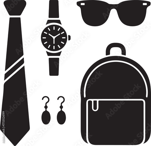 Collection of Black Silhouette Accessories for Men and Women Including Tie Watch Sunglasses Earrings and Backpack