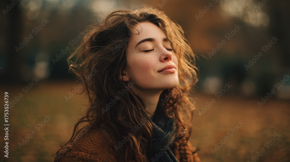 Naklejka premium beautiful young woman relaxing at park during autumn season with closed eyes happy free natural girl breathing deeply in park with foliage in background pretty woman expressing freedom outdoor no log