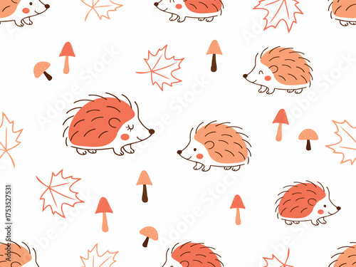 Cute hedgehog seamless pattern with mushrooms and maple leaves in warm autumn tones on white, hand-drawn woodland repeat for fabric, wrapping paper, kids apparel and cozy seasonal decor.