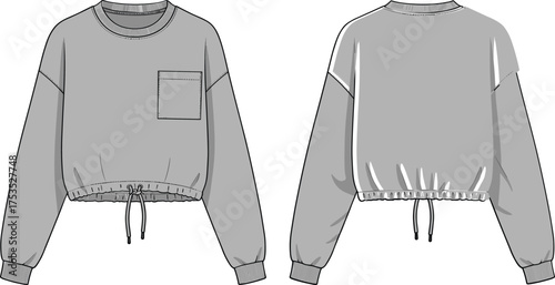 Grey cropped sweatshirt with pocket and drawstring hem front and back views clothing fashion