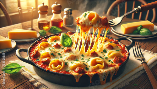 A vibrant, semi-realistic digital illustration of a steaming hot cheesy tortellini and sausage bake