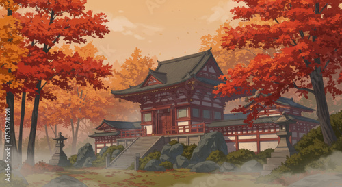 Serene Japanese Temple Surrounded by Vibrant Autumn Foliage and Misty Atmosphere