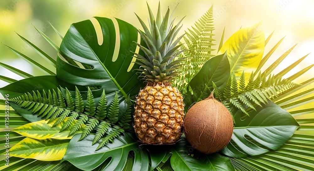 Obraz premium Tropical fruits pineapple and coconut surrounded by lush green jungle leaves