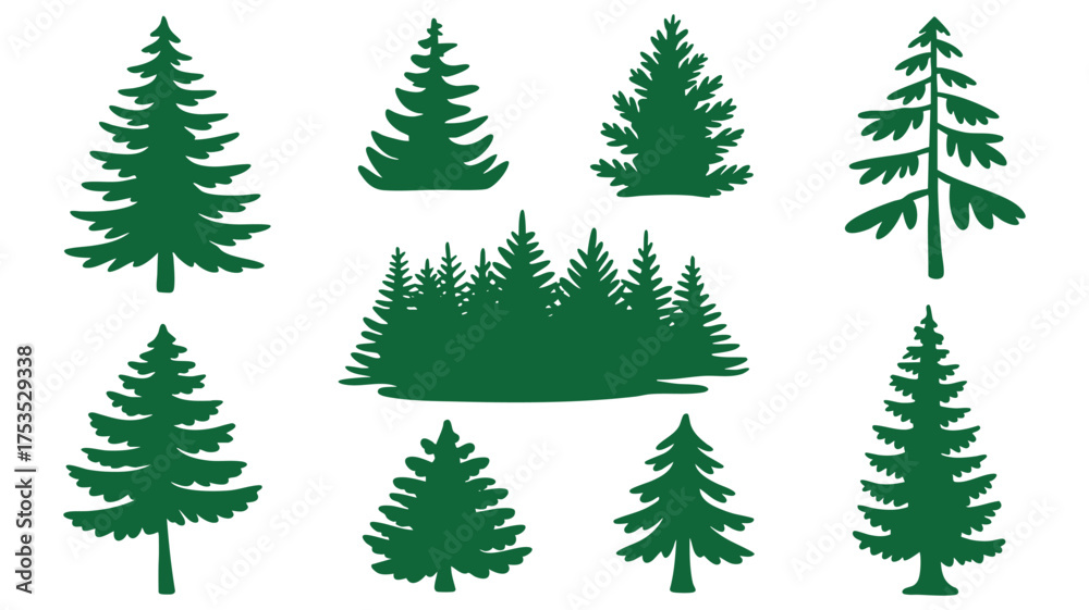 Obraz premium Collection of green pine tree silhouettes for nature and winter themed designs