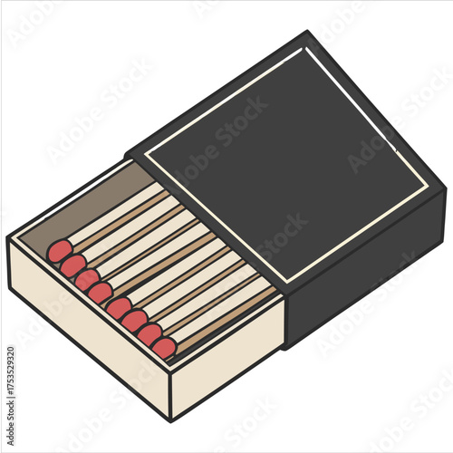 Open black matchbox with wooden matches showing red tips. Isolated on a white background