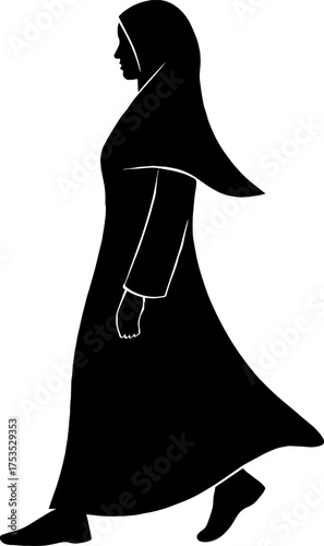 Muslim woman silhouette with flowing abaya - grace and dignity concept vector with white background 