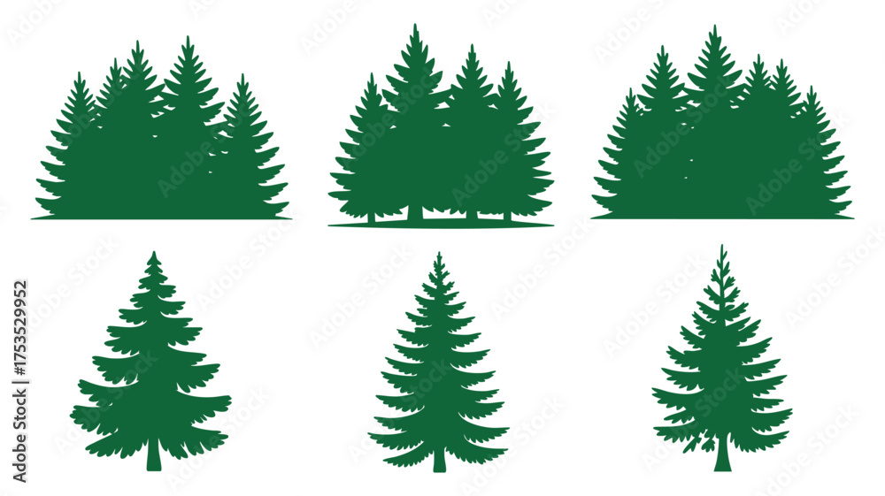 Obraz premium Collection of pine tree silhouettes forest nature green evergreen woodland icon set