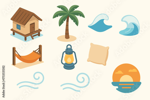 Seaside Haven Icons. Escape set icons in flat vector style seaside hut, shaded palm, calm wave, relaxed hammock, glowing lantern, soft pillow, gentle breeze swirl, sunset view