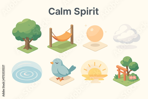 Tranquil Garden Icons. Calm Spirit set icons in flat vector style shaded tree, hammock in stillness, glowing orb, soft cloud, water ripple, relaxed bird, sunrise glow, tranquil