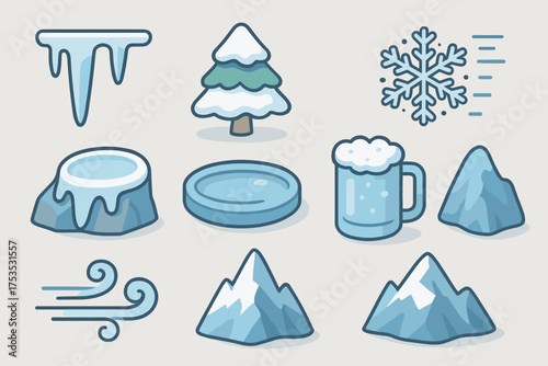 Frosty Icon Set. Frosty Calm set icons in flat vector style icicle, snow-covered pine, frozen pond, frosty mug, drifting snowflake, cool breeze, icy rock, glacier peak