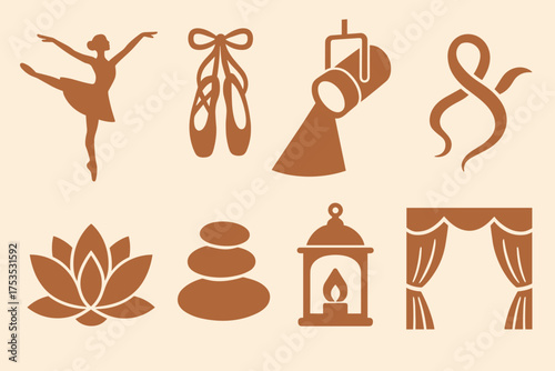 Arabesque Ballet Icons. Arabesque set of icons in geometric flat vector style ballet dancer in arabesque silhouette, ballet slippers, stage spotlight, flowing ribbon, lotus blossom